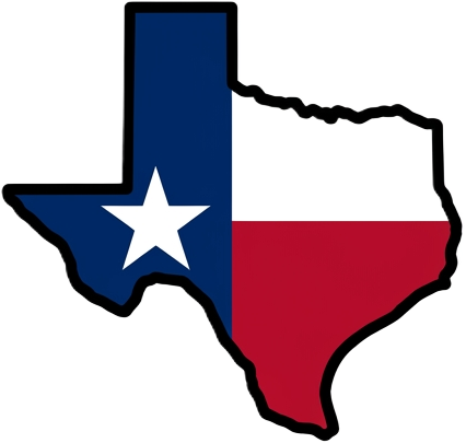 Texas state outline filled with the Texas flag