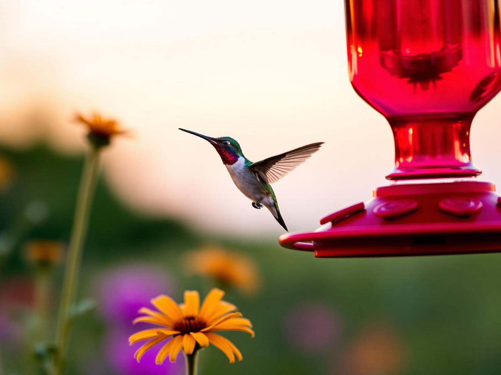 Ruby-throated hummingbird feeding at a red glass feeder in Texas wildflowers
